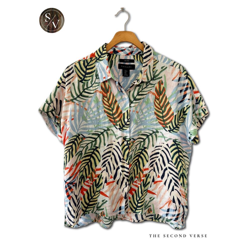 Tahari Women‎ Tropical Palm Leaf Print 100% Linen Button Down Shirt Size L